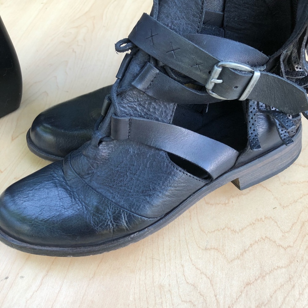 Free People Leather Fringe Cut Out Buckle Booties